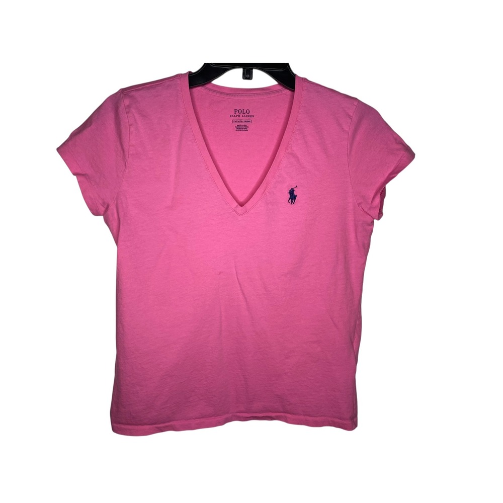 Polo Ralph Lauren Womens Pink V-Neck Short Sleeve Pony Logo T-Shirt Size Small